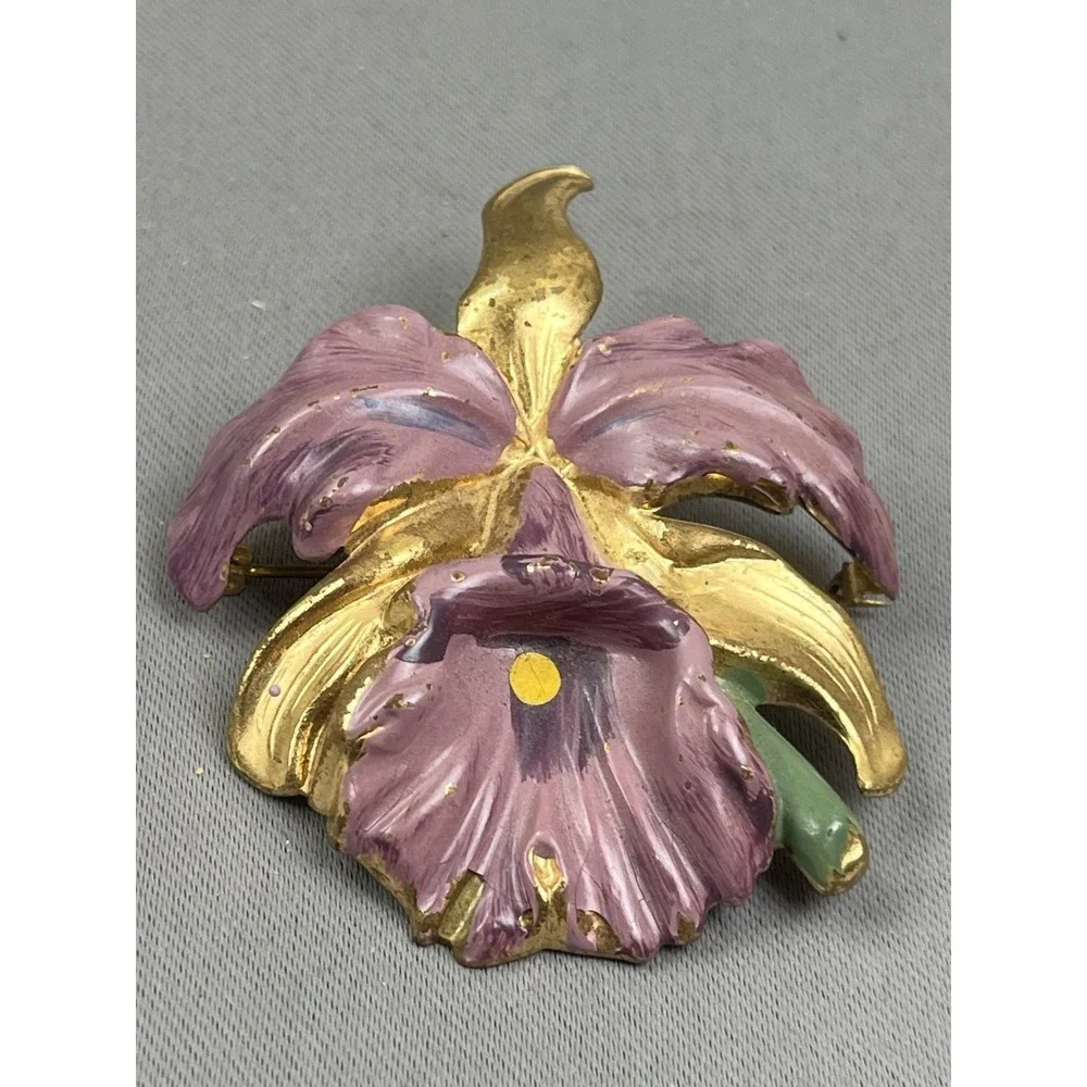 Vintage‎ Orchid Brooch Purple Gold-Tone 1950s Flower Pin Corsage Brooch Painted
